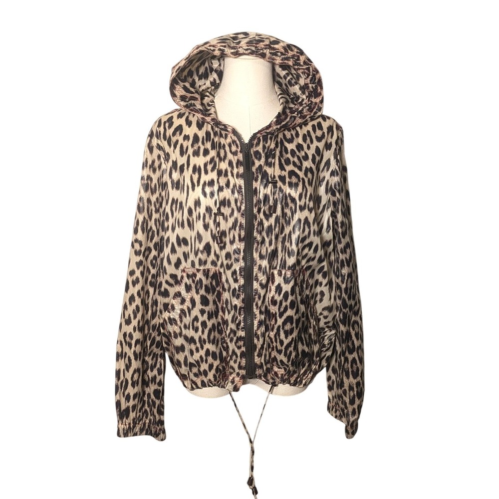 Mycra Pac Short Leopard Print Hooded Windbreaker Zip Packable Jacket USA 1 s/m